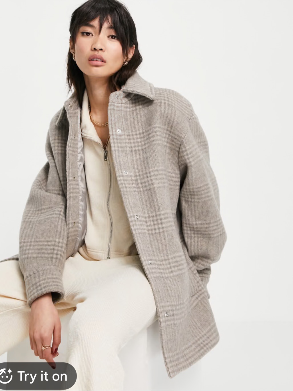 & Other Stories Taupe Plaid Wool-Blend Pea Coat
